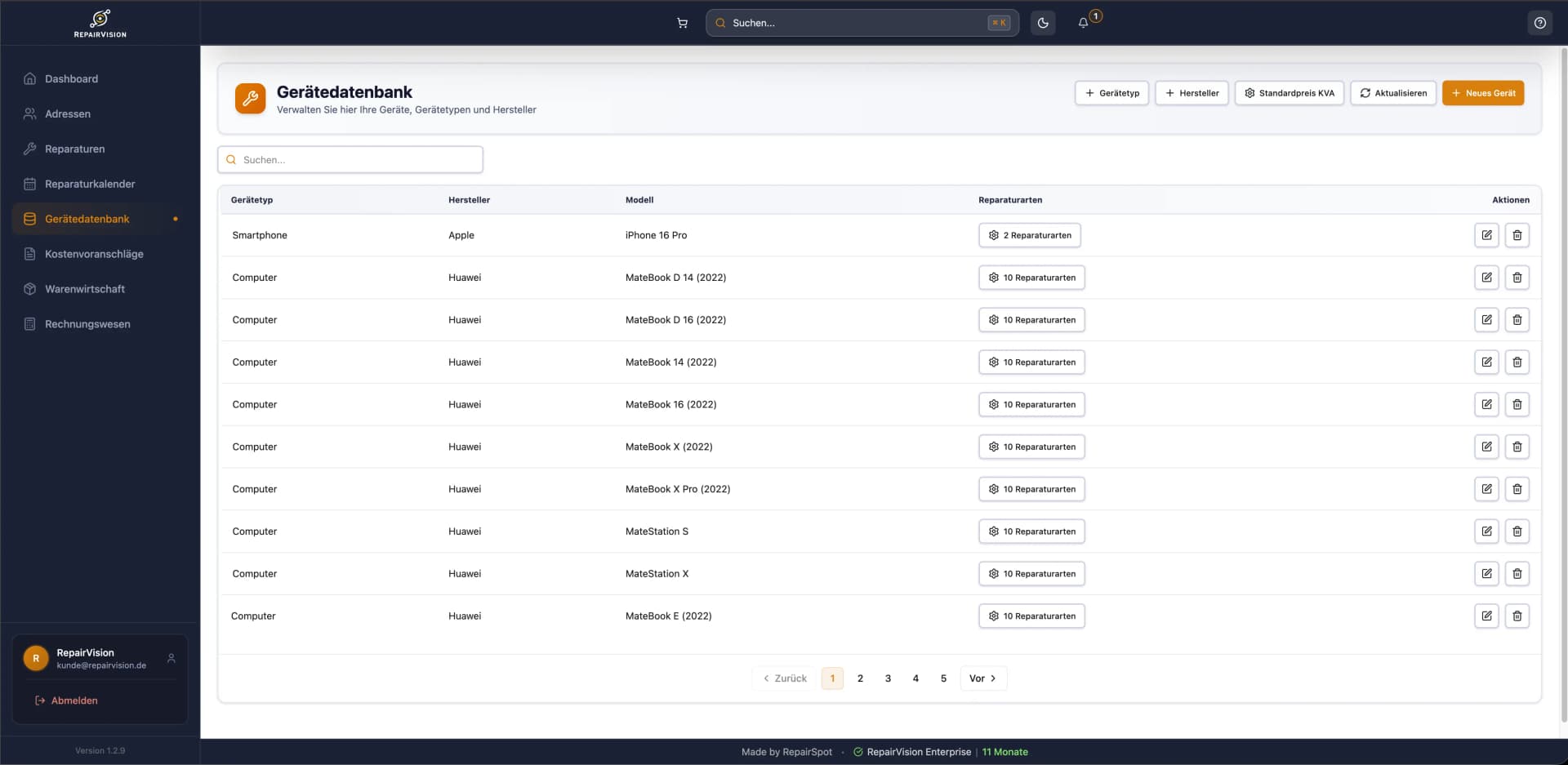 Gerätedatenbank mit Gerätemodellen, Reparaturtypen und Preislisten in RepairVision™