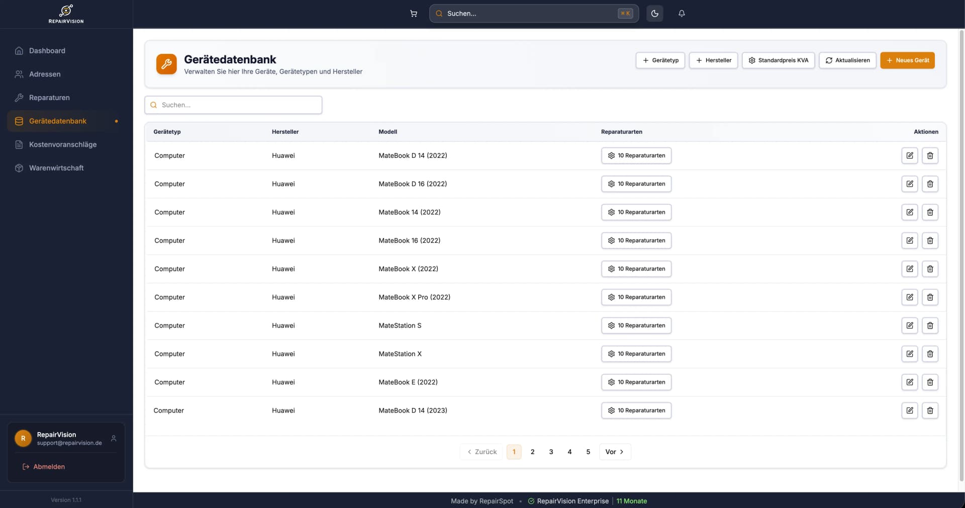 Gerätedatenbank mit Handy-Modellen, Reparaturtypen und Preislisten in RepairVision