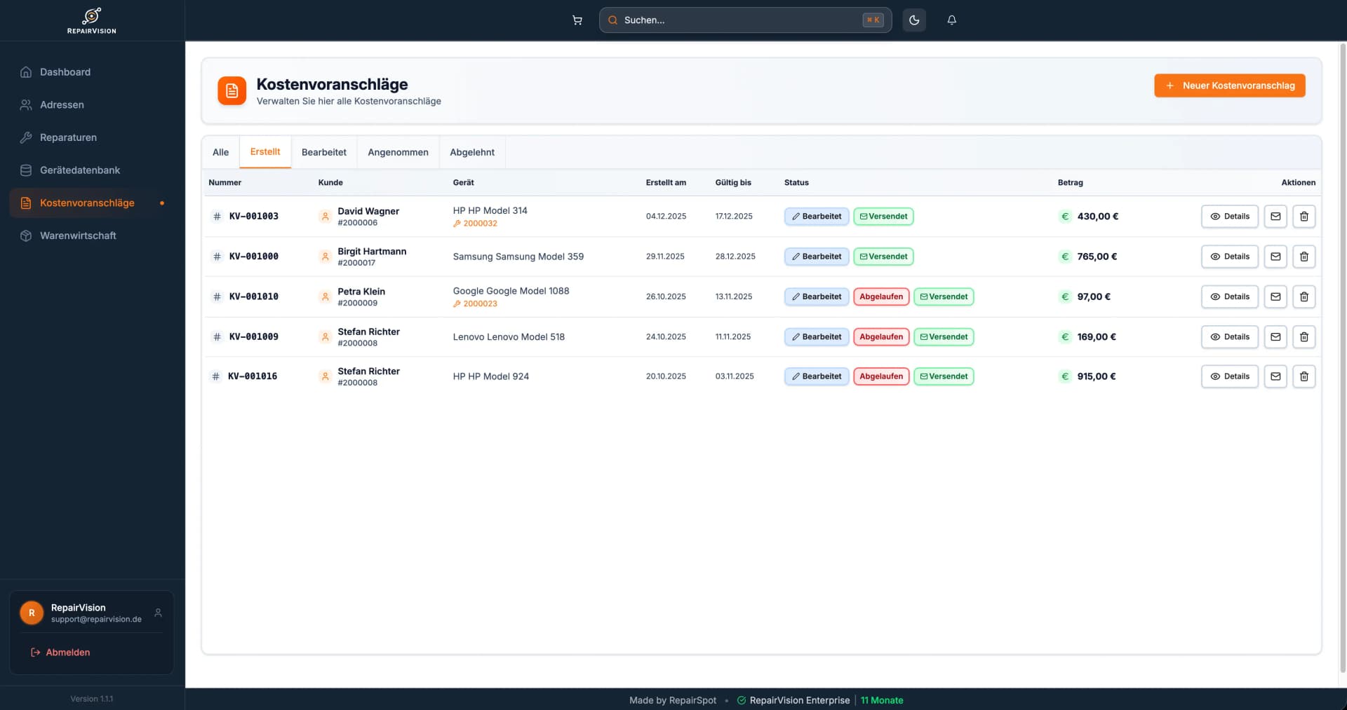Kostenvoranschlag-Erstellung in RepairVision mit Positionen, Preisen und Online-Freigabe
