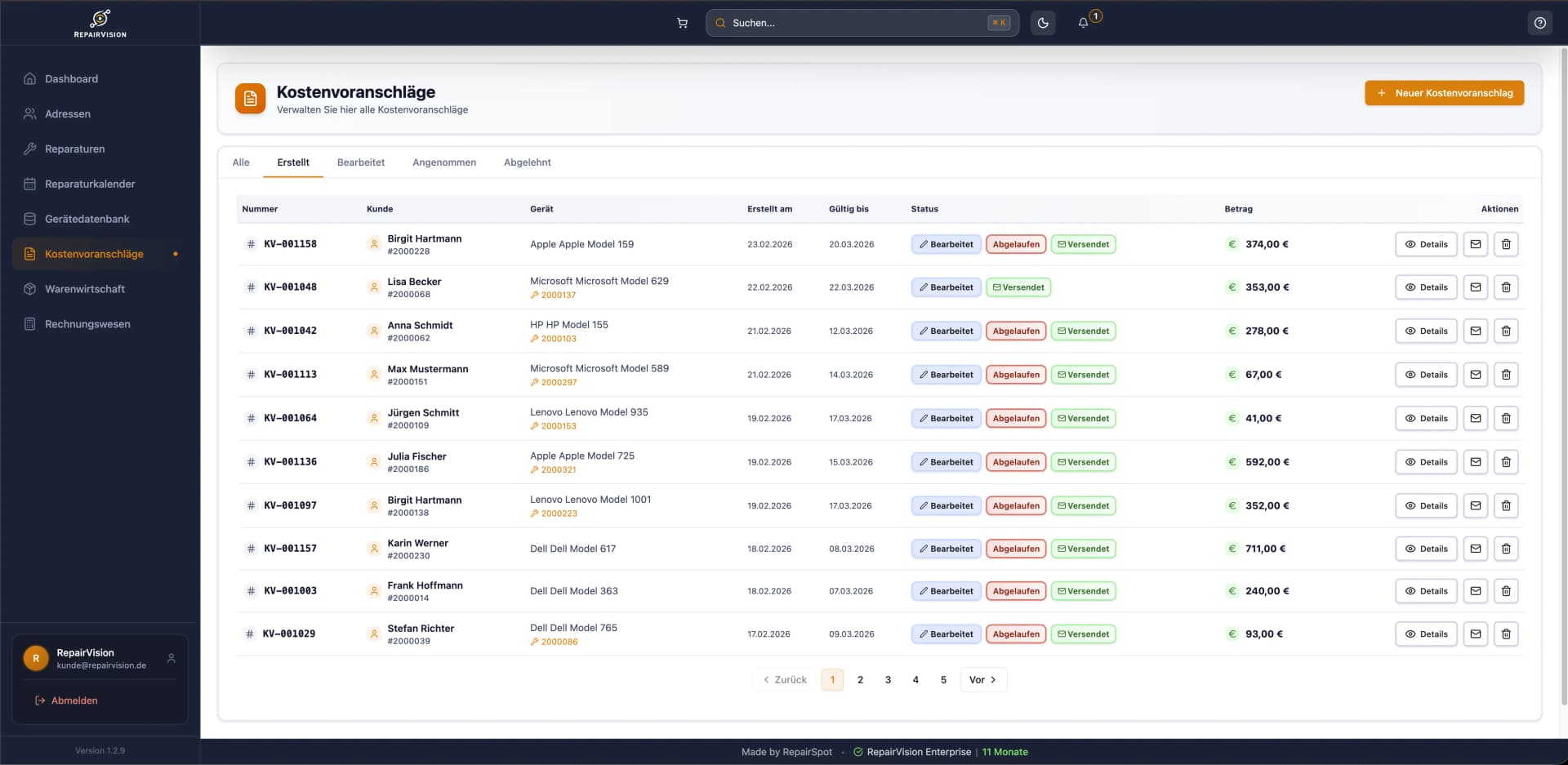 Kostenvoranschlag-Erstellung in RepairVision™ mit Positionen, Preisen und Online-Freigabe