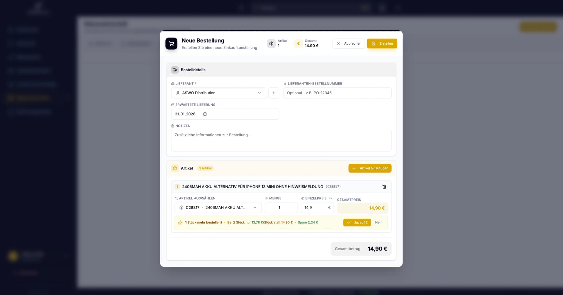 ASWO-Bestellformular in RepairVision mit Ersatzteilsuche und Staffelpreis-Anzeige
