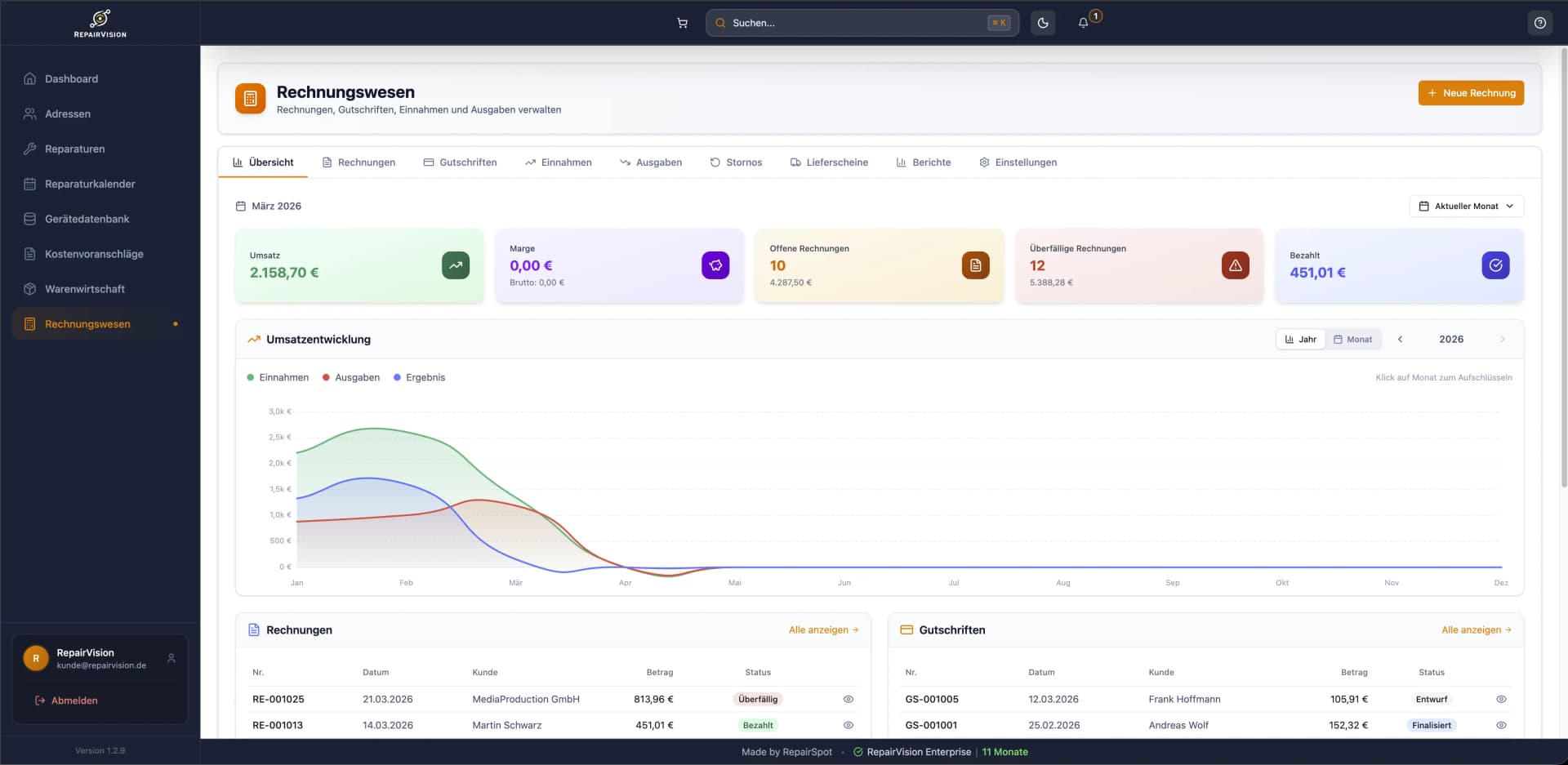 Rechnungswesen mit Lexware-Integration, Rechnungsübersicht und Buchungsbelegen in RepairVision™