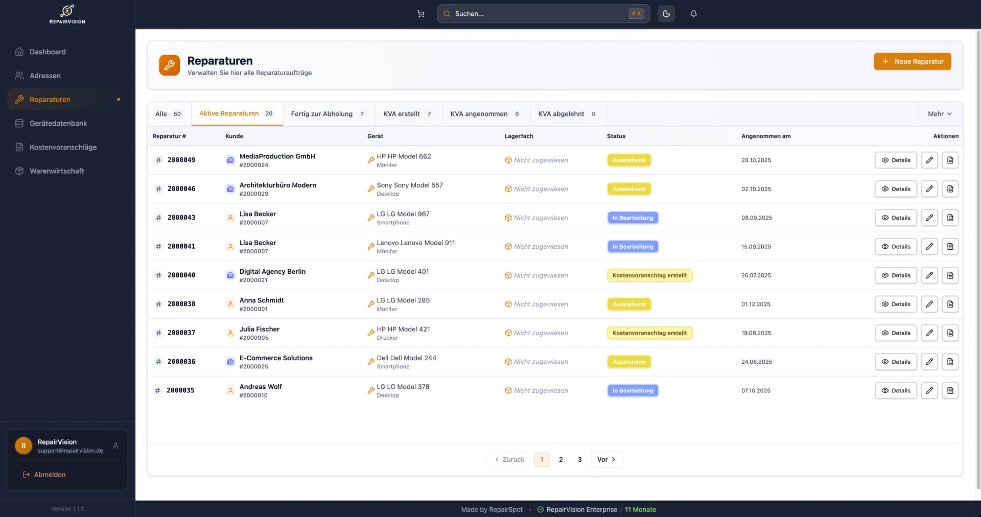 Reparaturverwaltung mit Statusübersicht, Gerätedetails und Workflow-Tracking in RepairVision