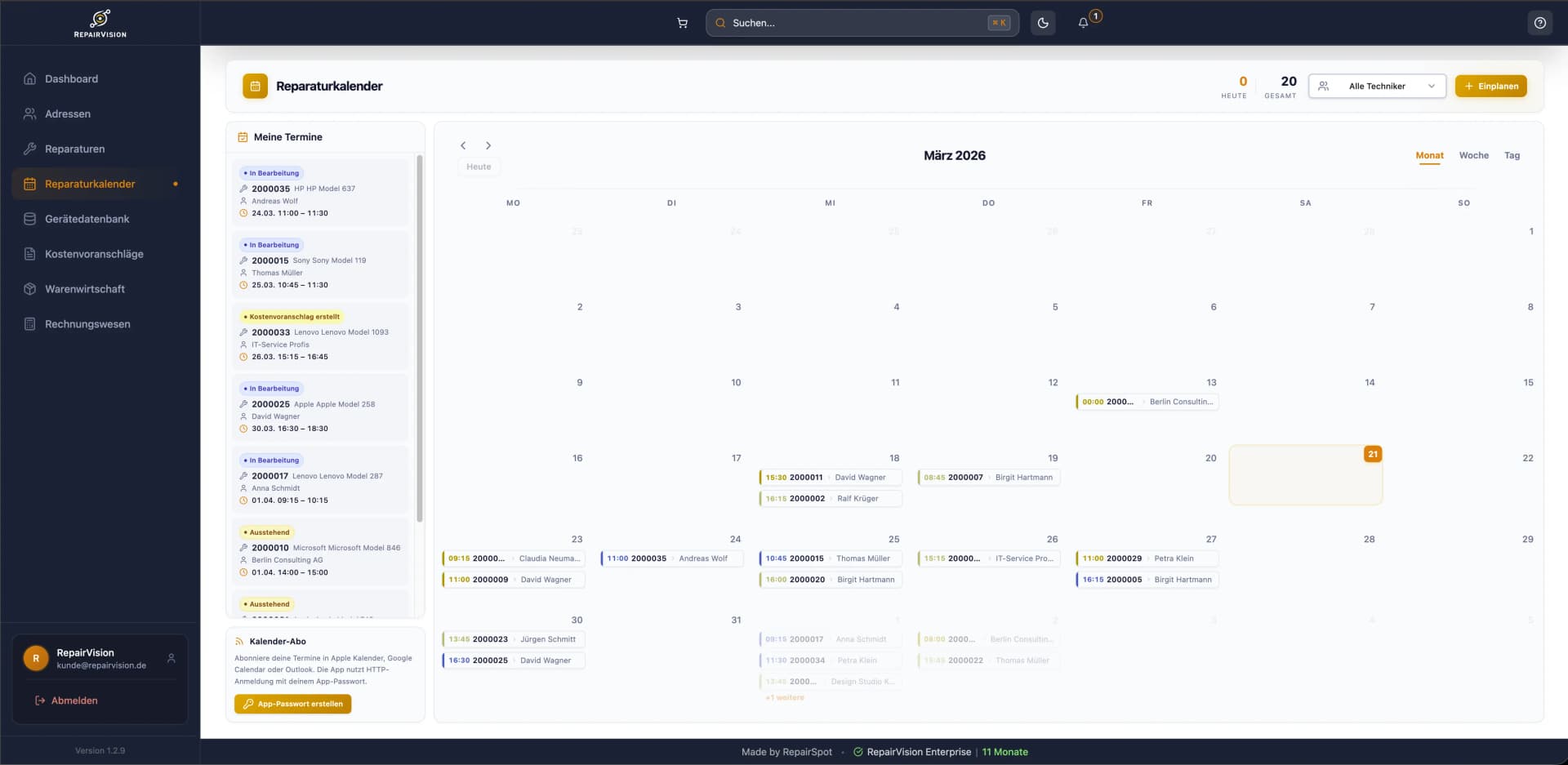 Reparaturkalender in RepairVision™ — Screenshot der Reparaturkalender-Funktion