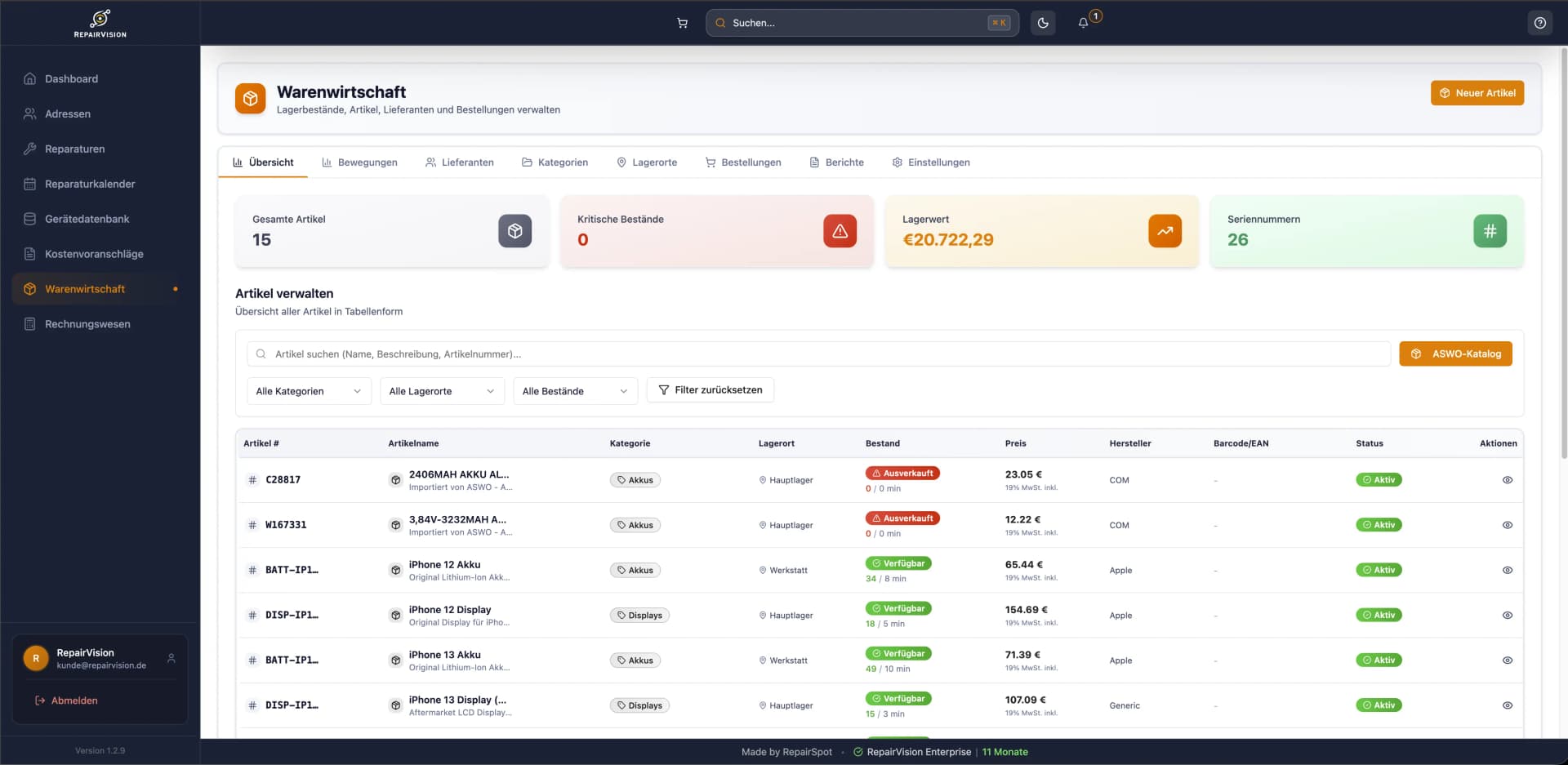 Lagerverwaltung in RepairVision™ mit Bestandsübersicht, Artikelsuche und Mindestbestand-Anzeige