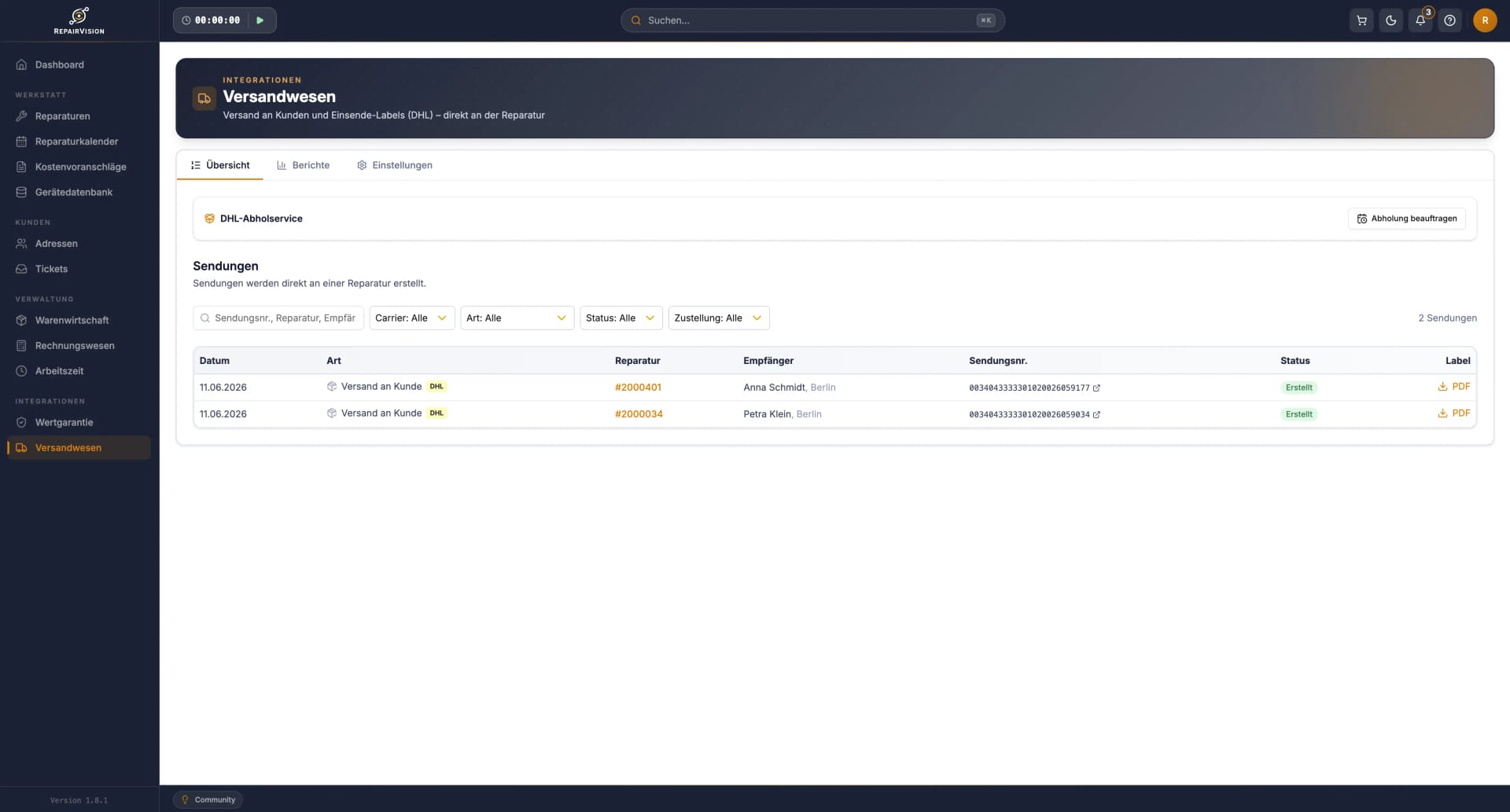 Versandwesen in RepairVision™ — Screenshot der Versandwesen-Funktion