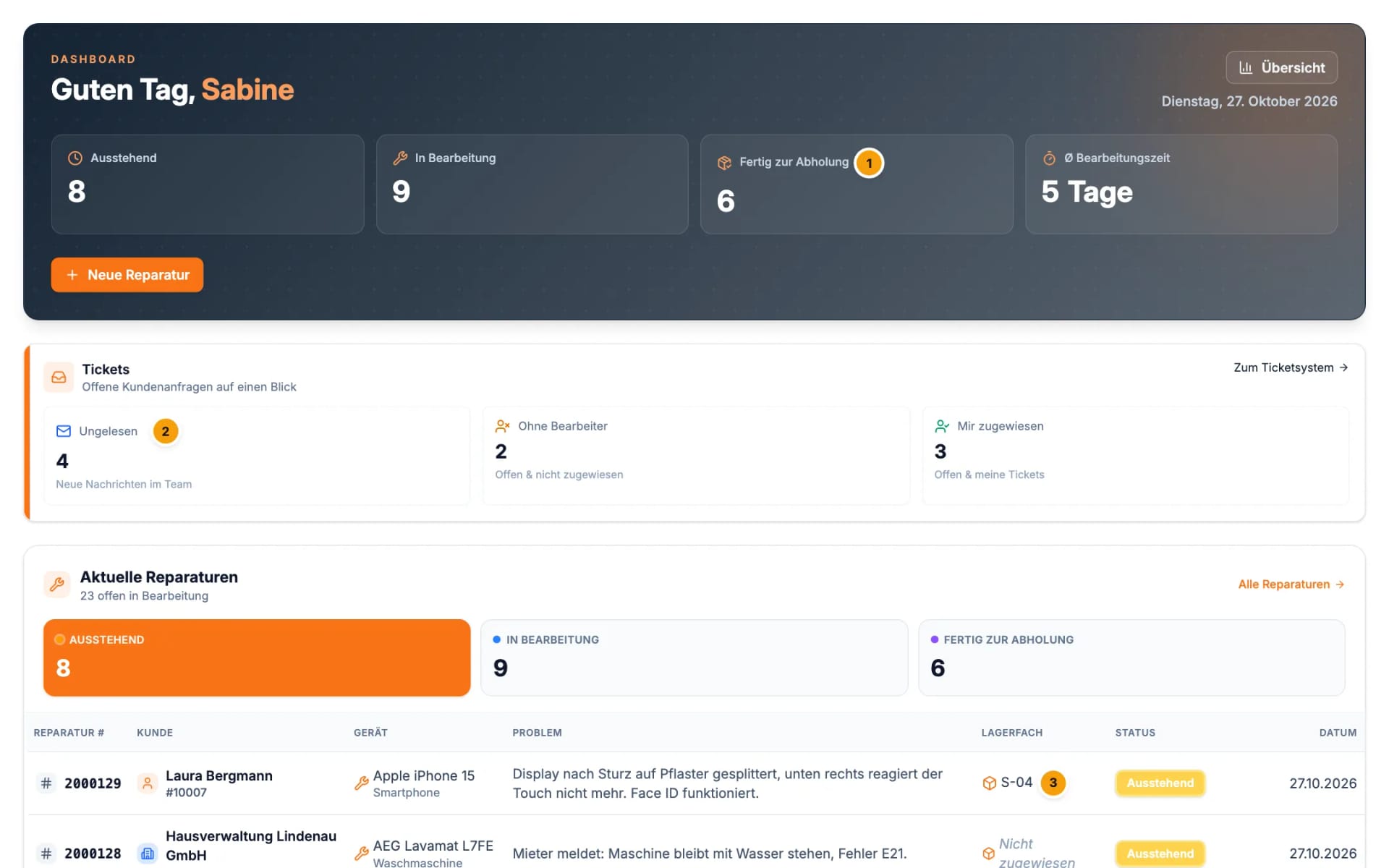 RepairVision™ Dashboard: sechs Geräte abholbereit, vier ungelesene Anfragen, aktuelle Reparaturen mit Lagerfach