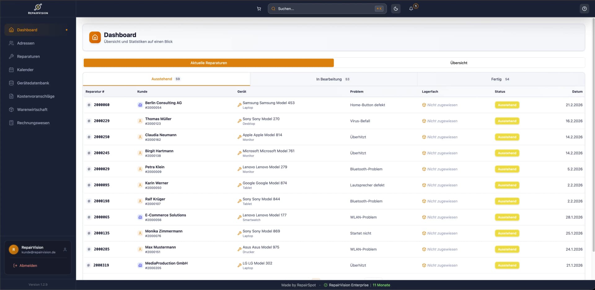 RepairVision™ Dashboard — Reparaturübersicht, Statistiken und Kundenverwaltung