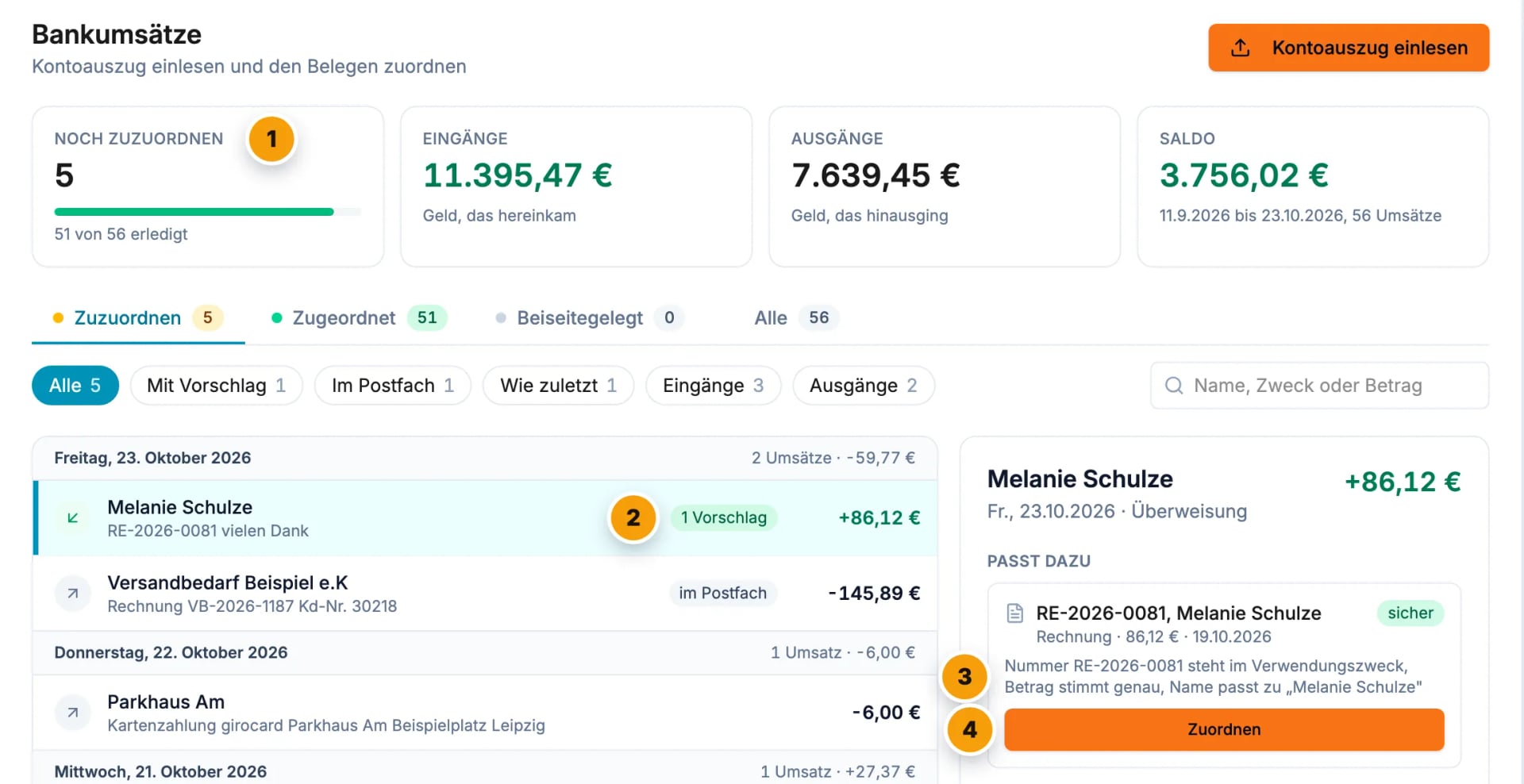Bankumsätze in RepairVision: Überweisung von Melanie Schulze mit sicherem Vorschlag für Rechnung RE-2026-0081