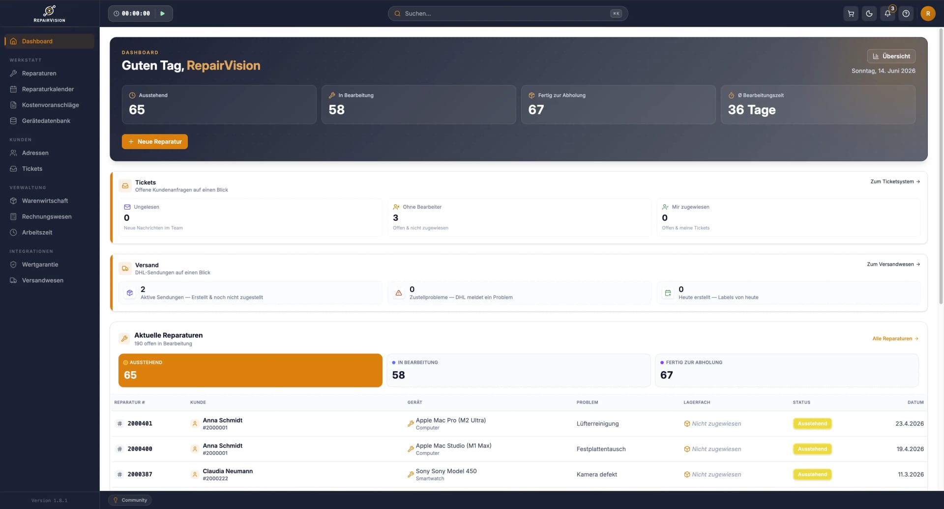 RepairVision™ Dashboard mit Umsatzstatistiken, offenen Reparaturen und Tagesübersicht