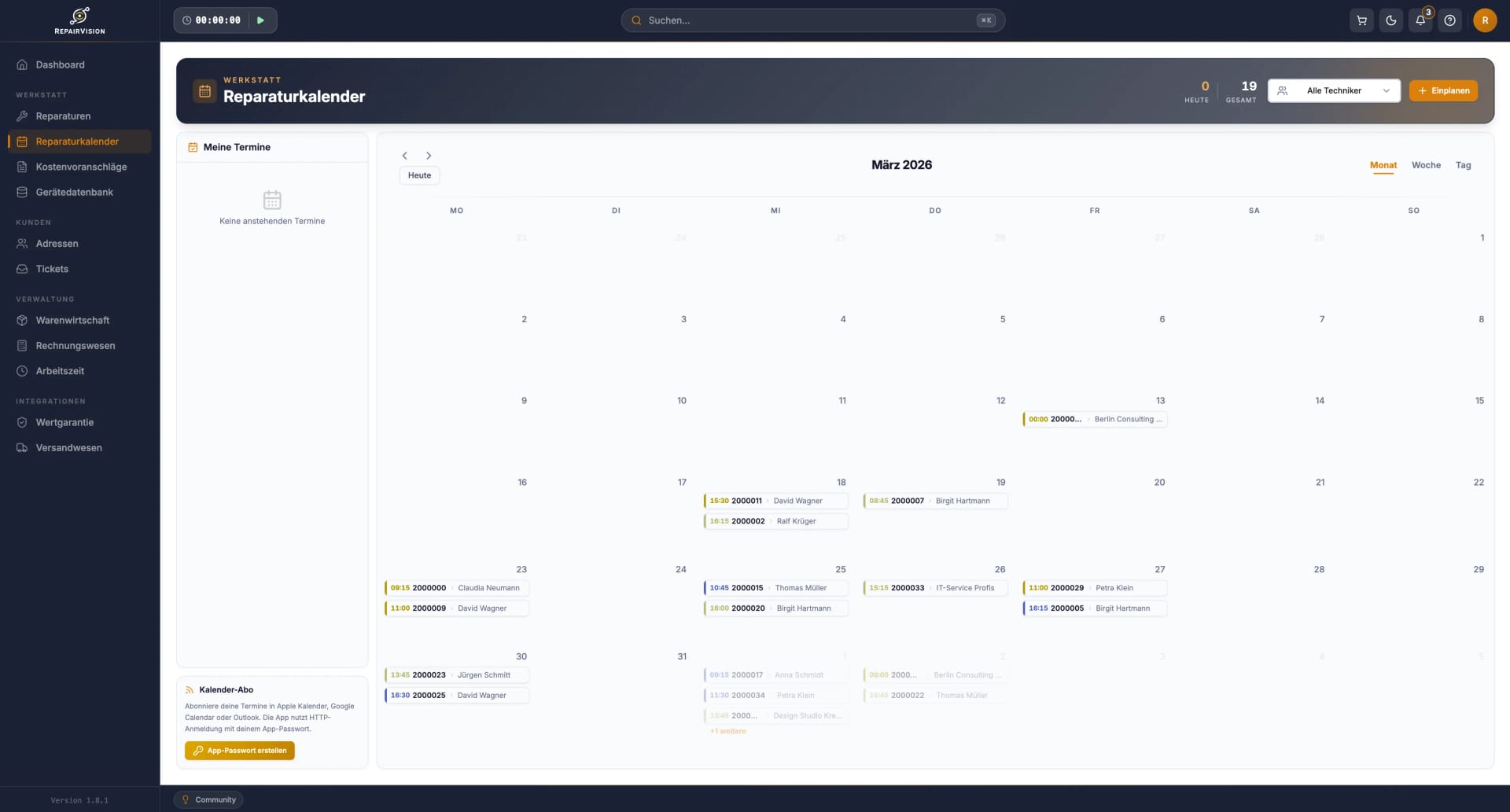 Reparaturkalender mit Terminplanung, Technikerzuweisung und Monatsansicht in RepairVision™