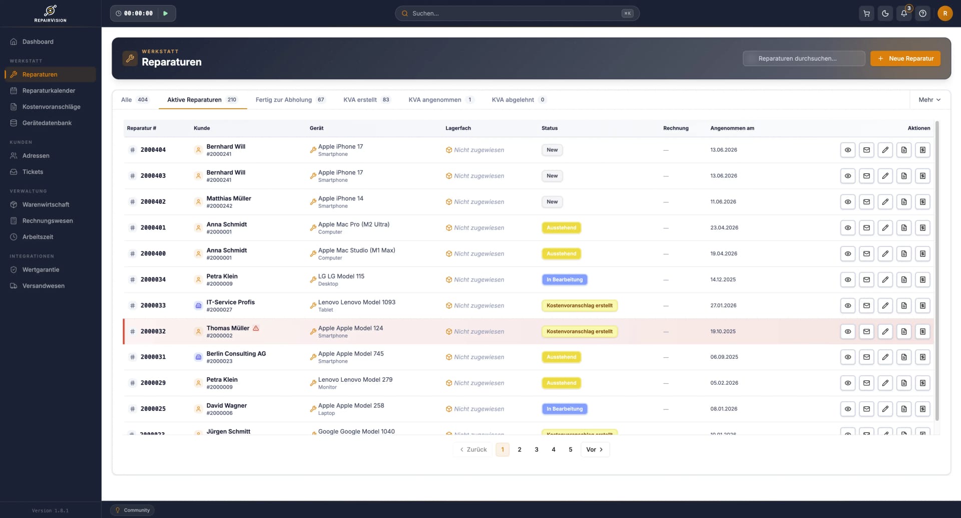 Reparaturverwaltung in RepairVision™ — Screenshot der Reparaturverwaltung-Funktion