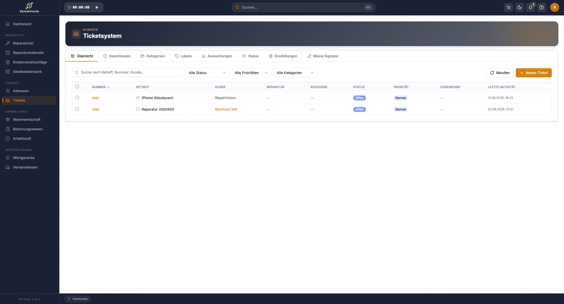 Ticketsystem in RepairVision™ — Screenshot der Ticketsystem-Funktion