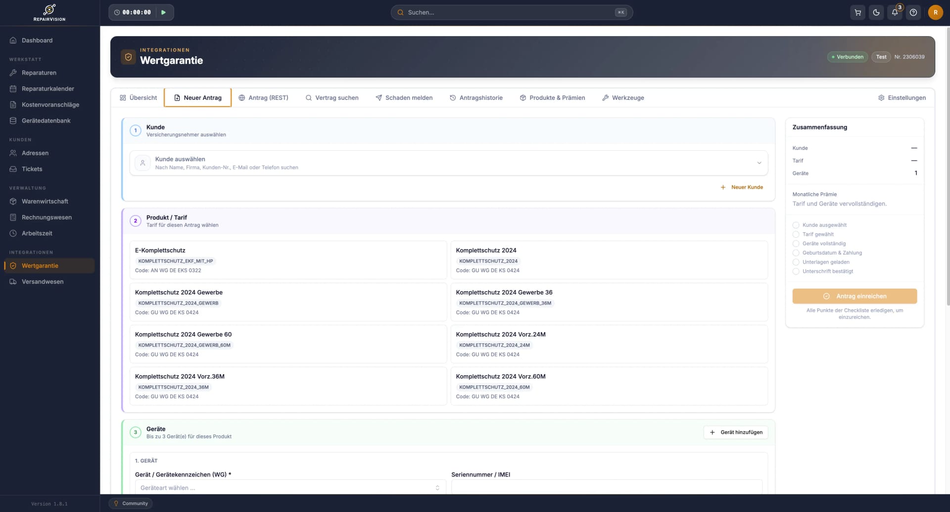 Wertgarantie-Integration in RepairVision™ — Screenshot der Wertgarantie-Integration-Funktion