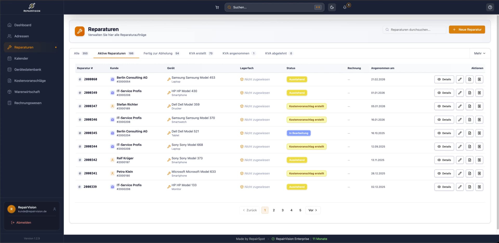 Reparaturverwaltung in RepairVision™ — Screenshot der Reparaturverwaltung-Funktion